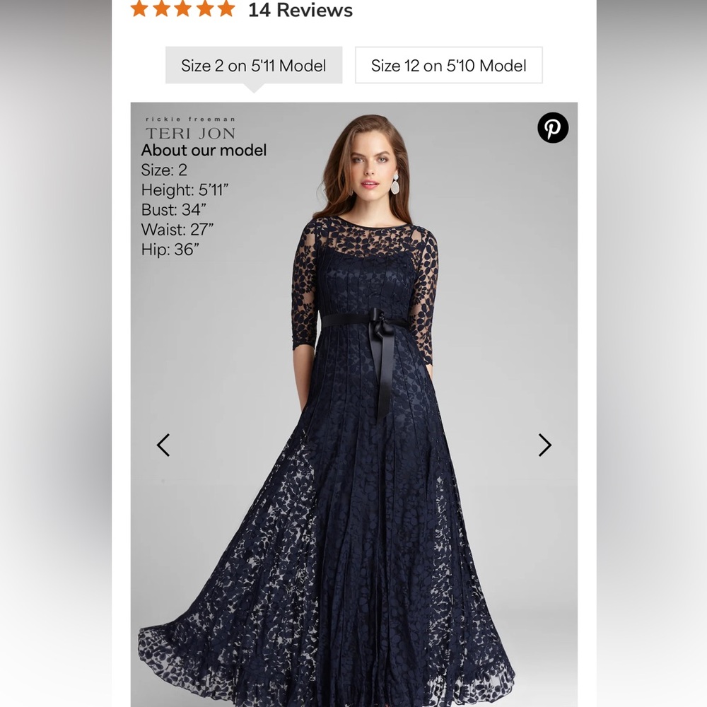 Teri Jon Women's Navy 3/4 Sleeve Lace Illusion Gown with Bow